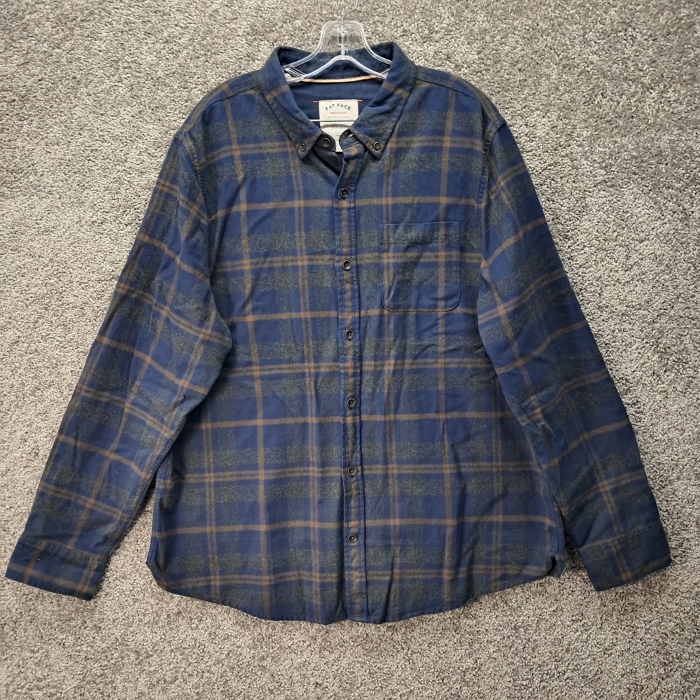 Fat Face Mens 2XL Flannel Shirt Navy Blue Brown Plaid Cotton Button Down‎ 981547